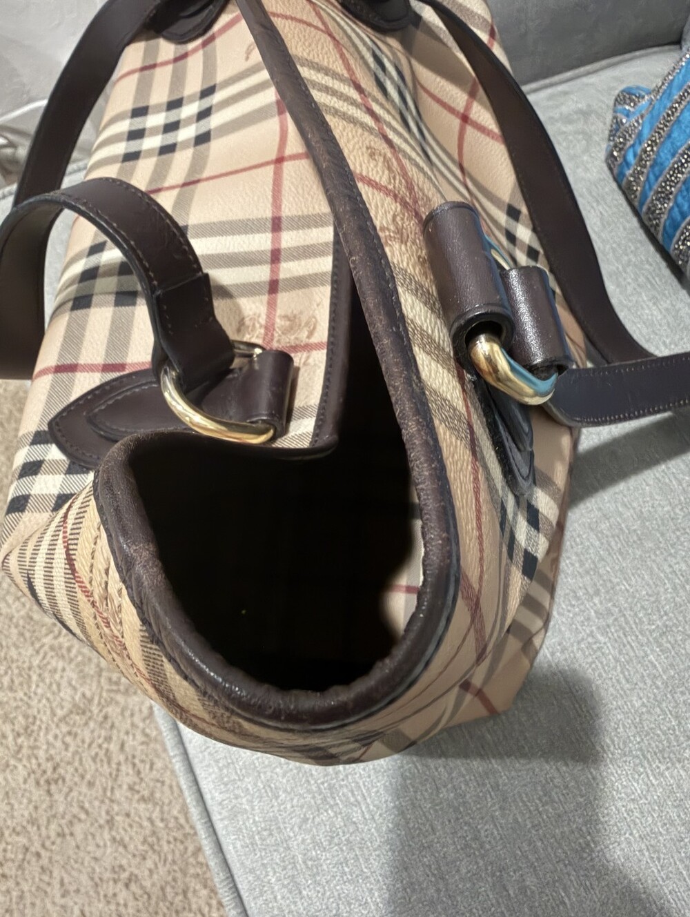 Vintage Burberry Haymarket Check Plaid Shoulder Tote W/Dk Brown Leather Straps - Picture 7 of 16
